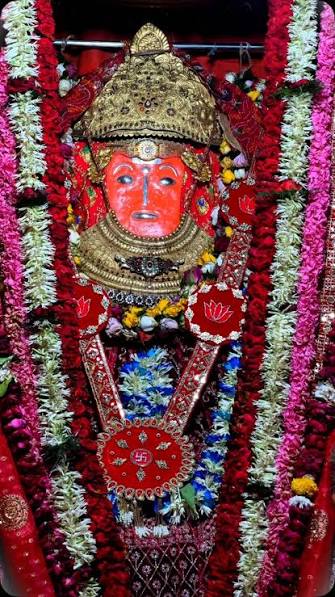 Navratri shringar of Jeen Bhawani with ornate golden crown, red lotus-embroidered poshak and layered pink, white and red flower garlands